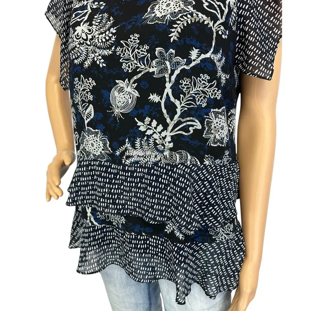 2/$15 Cabi Hybrid Layered Blouse Navy Blue Floral Ruffle Sleeve #5355 Size S